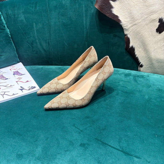 GG Pointed-Toe Slingback Light Beige Canvas 741264