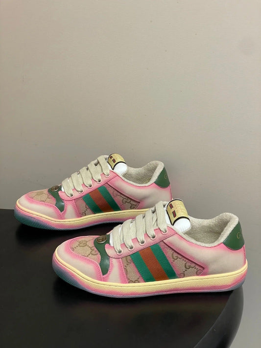 GG 26ss Screener Sneaker Beige Pink Green Fabric Calfskin 697903