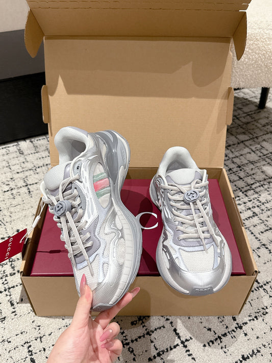 GG Rhyton Leather Sneakers White and Silver Leather 514914