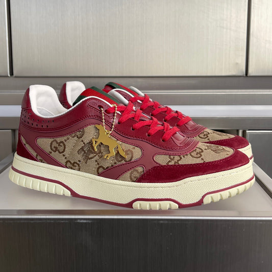 GG Women's Re-Web Trainers Beige Burgundy Cowhide Canvas 609258