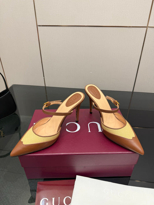 GG Pointed-Toe Mules 9.5cm Brown Cowhide 725303