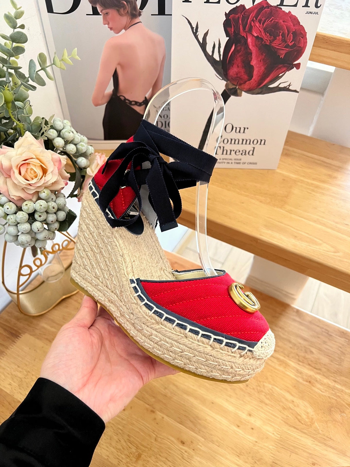 GG 26ss Platform Wedge Sandals 10cm Red Straw Canvas 692206