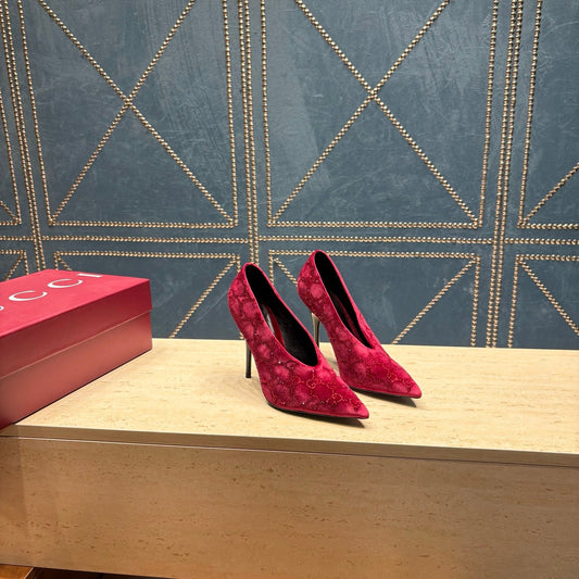 GG High-Heeled Pump 10.5cm Burgundy Velvet 741292