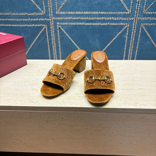 GG 26ss Chunky Heel Sandals 55 Brown Velvet 741299