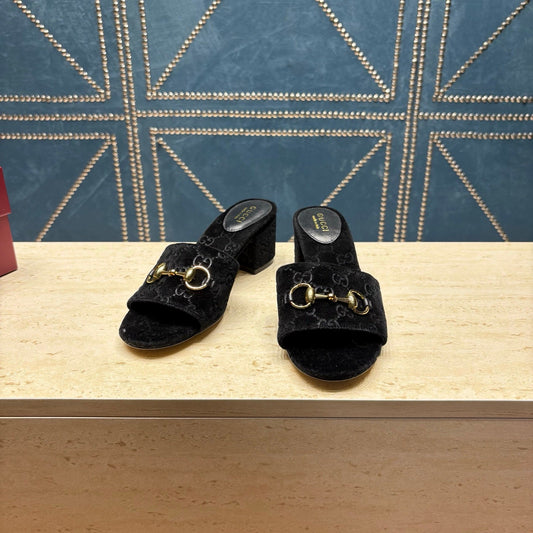 GG 26ss Chunky Heel Sandals 55 Black Velvet 741300