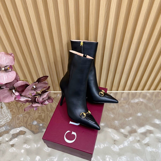 Gucci 2025 Thick-heeled Square-toed Ankle Boots Black Sheepskin 498069