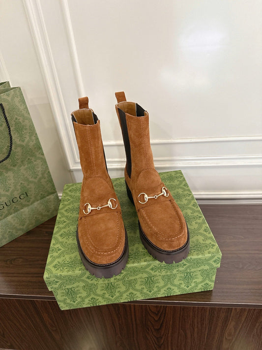 Gucci Horsebit Ankle Boots Brown Black Suede Sheepskin 490529