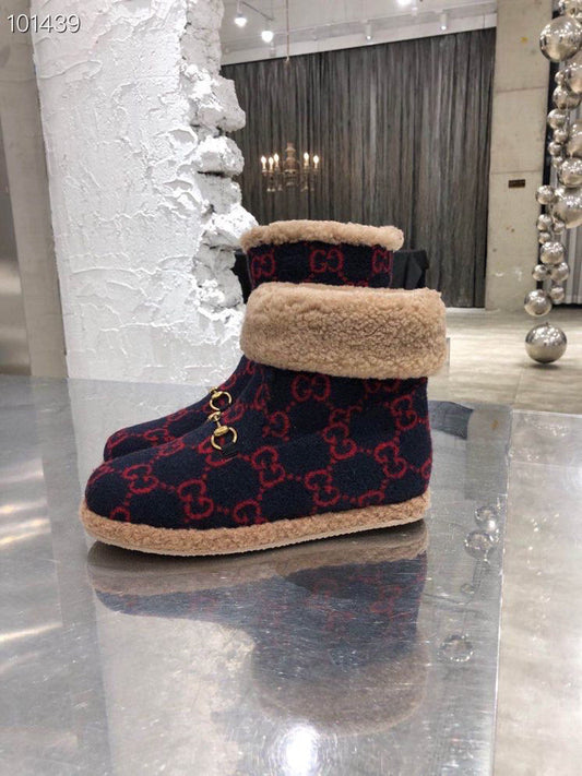 GG Horsebit Snow Navy Blue Red Suede Fleece 576254