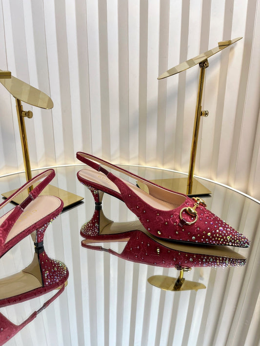 GC Crystal Horsebit Slingback 50mm Red Canvas lambskin 294615