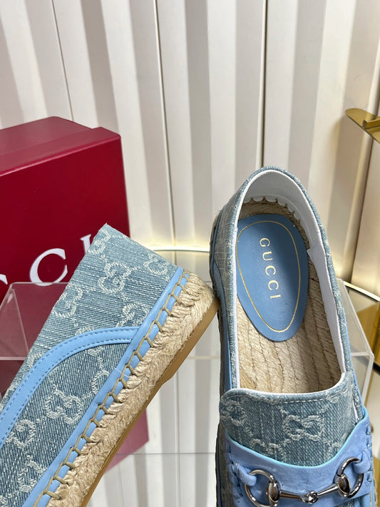 GG 26s Horsebit Espadrilles Flat Light Blue Canvas Suede 768176