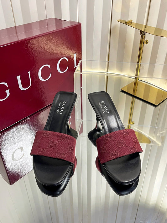GG 26s Bombshell Crystal Sandal 5cm Black Burgundy Canvas Leather 768156