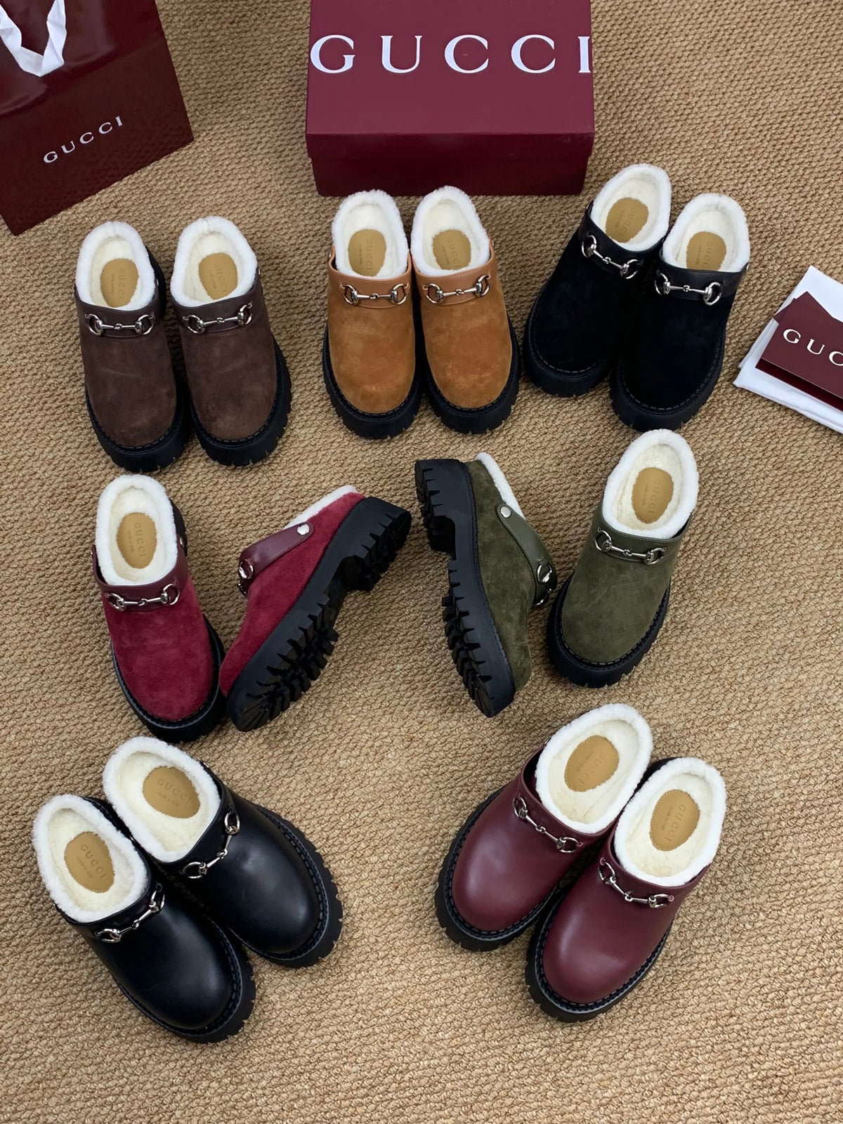 Gucci FW 25 Horsebit Suede Clog Deep Burgundy Leather with Shearling 506442
