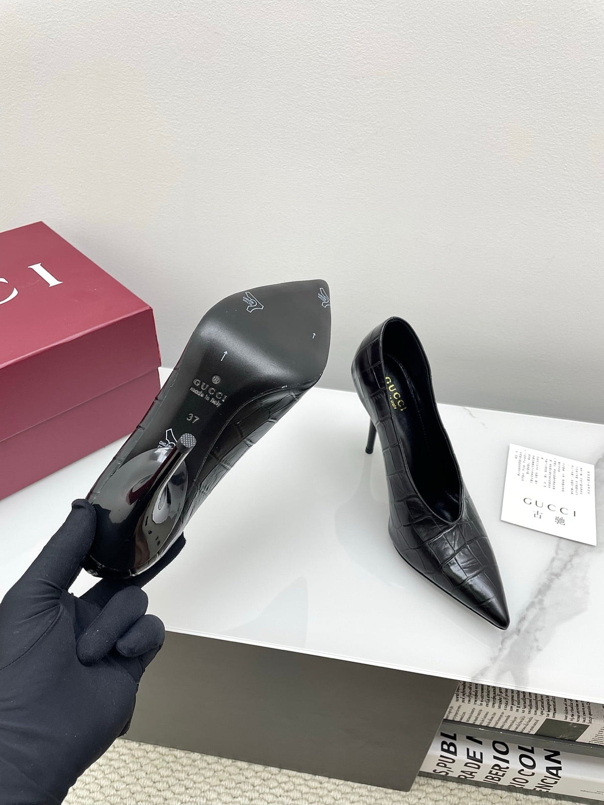 GG 25Ss Crocodile Pattern Pointed Toe High Heels Black Leather 511499