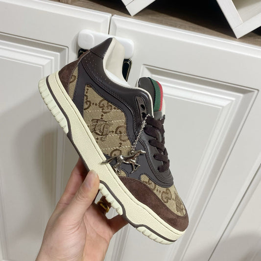 GG 26s Re-Web Trainer Sneakers In Brown Calfskin And Beige Canvas