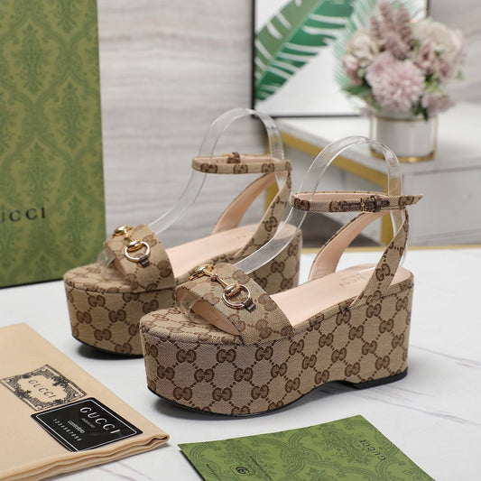 GG Horsebit Wedges Sandals Brown