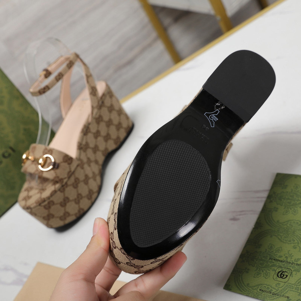 GG Horsebit Wedges Sandals Brown