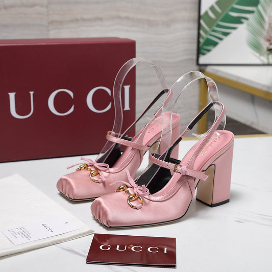 Gucci Horsebit Slingback Pumps Pink Satin Fabric 504422