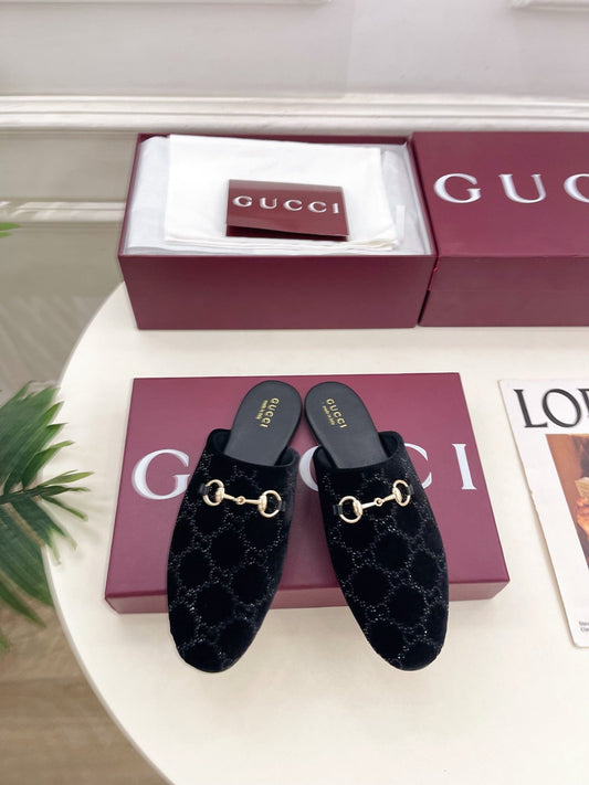 GG 26 Horsebit Flat Mules Rhinestones Black Velvet 587080