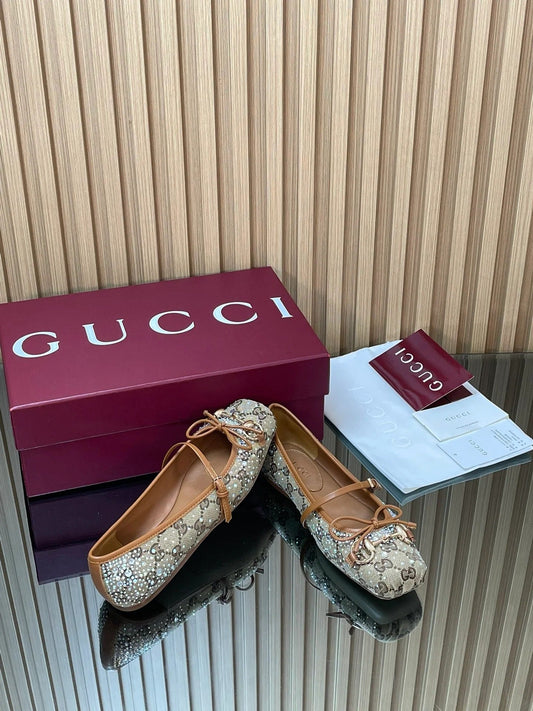 Gucci 2026 Crystal Rhinestone Ballet Flat Beige Brown Canvas Leather 562909