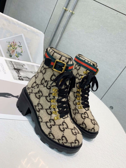 GG Ankle Heel Boots Beige Black Velvet