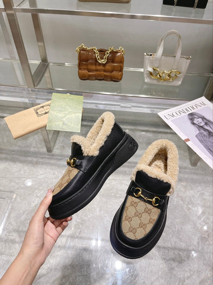 GG Snow Boots Black Beige Calfskin Denim Wool 576250