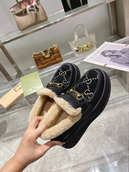 GG Snow Boots Black Calfskin Suede Wool 576251