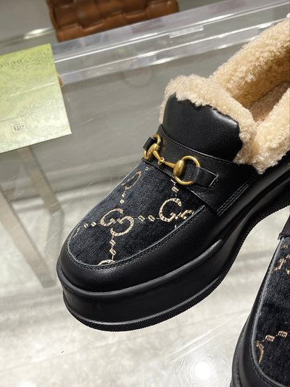 GG Snow Boots Black Calfskin Suede Wool 576251
