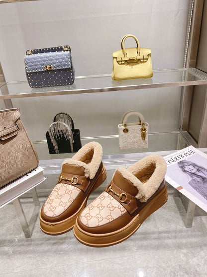 GG Snow Boots Brown Beige Cowhide Wool 576235