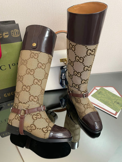 Gucci 2026 Boot Brown mix Beige Canvas Leather 911944
