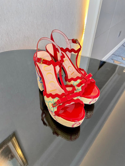 GG Kertu Platform Sandals 12cm Beige Red Raffia Leather 695694
