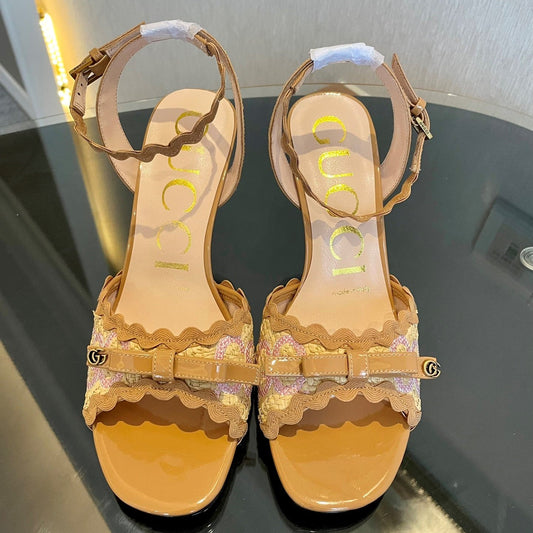 GG Kertu Heel Sandals 8cm Beige Raffia Leather 695682