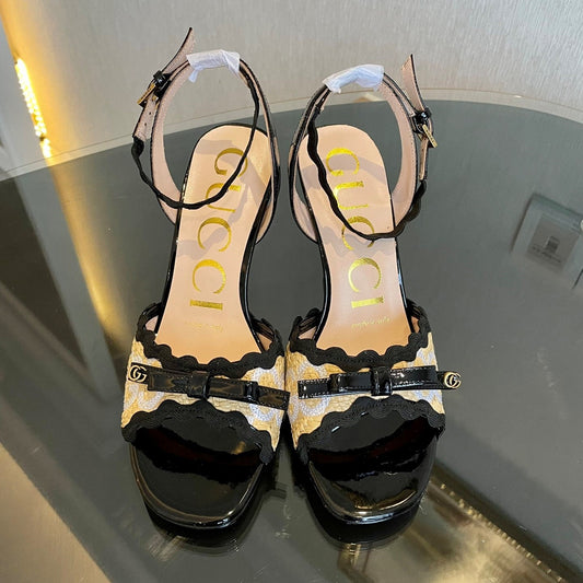 GG Kertu Heel Sandals 8cm Beige Black Raffia Leather 695685
