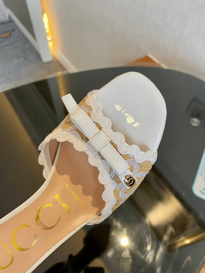 GG Kertu Sandals 6cm Beige White Raffia Leather 695690