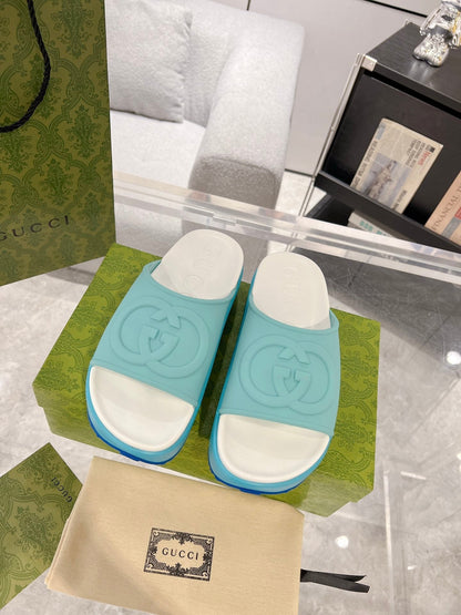 GC 25 Interlocking G 50mm Slide Sandal Sky Blue White Cowhide 292385