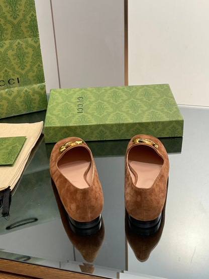 Blondie logo plaque loafers in bronze brown suede with gold hardware