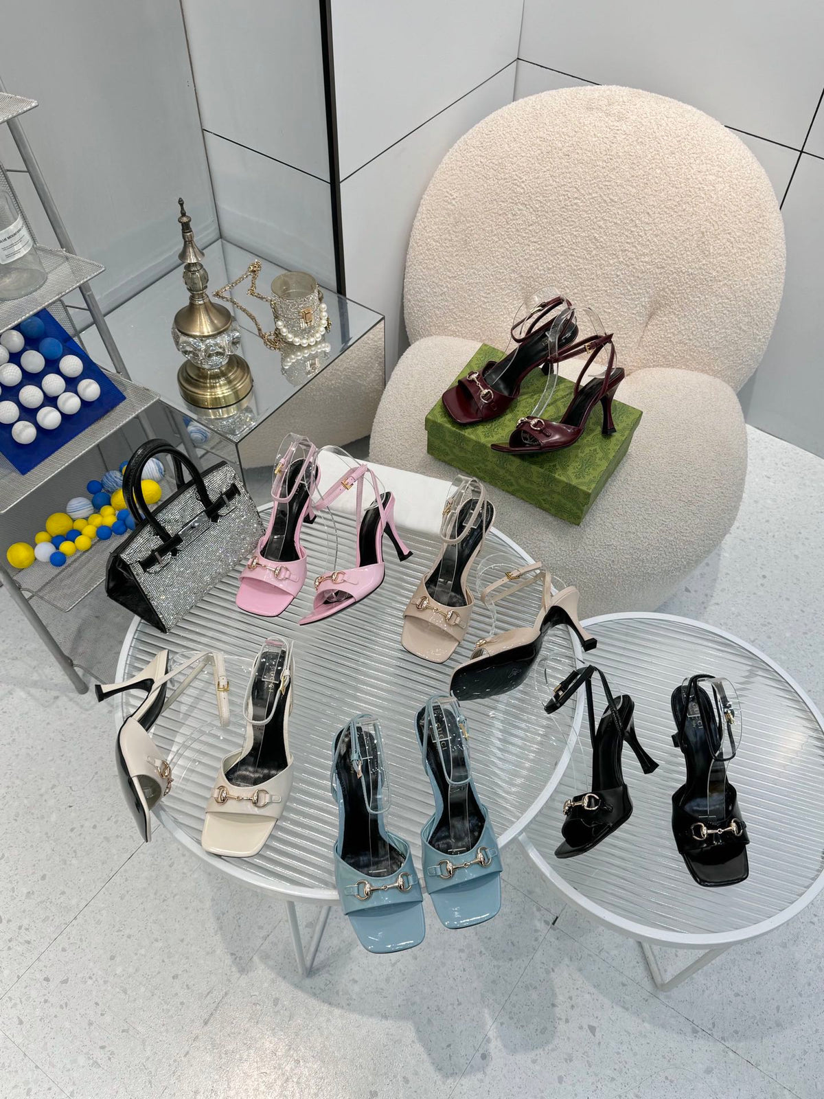 GG Gold Buckle Sandal 80mm Blue-gray Patent Leather 457558