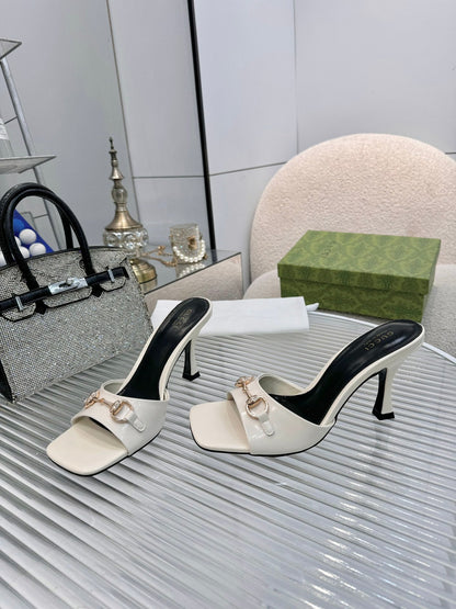 GG Gold Buckle Slide Sandal 80mm White Patent Leather 457562