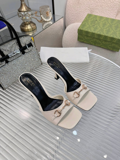 GG Gold Buckle Slide Sandal 80mm White Patent Leather 457562