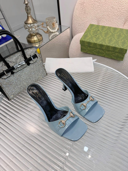 GG Gold Buckle Slide Sandal 80mm Blue-gray Patent Leather 457564