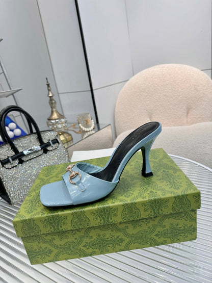 GG Gold Buckle Slide Sandal 80mm Blue-gray Patent Leather 457564