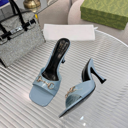 GG Gold Buckle Slide Sandal 80mm Blue-gray Patent Leather 457564