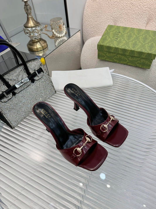 GG Gold Buckle Slide Sandal 80mm Burgundy Patent Leather 457566