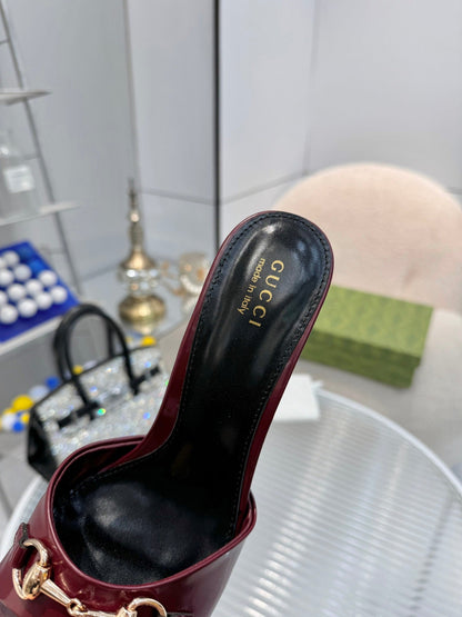 GG Gold Buckle Slide Sandal 80mm Burgundy Patent Leather 457566