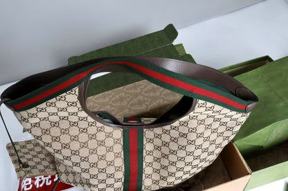 Gucci Giglio Large Tote Bag Beige and Red Denim