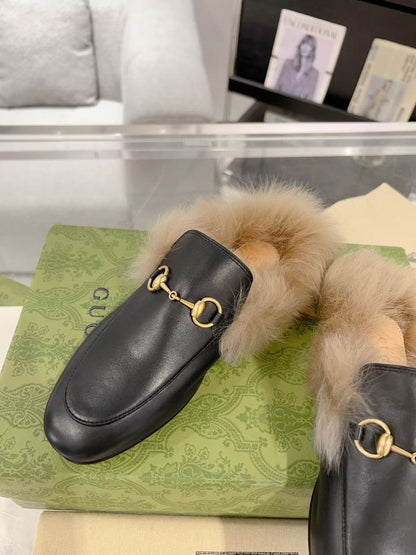GG Princetown Slipper Black Calfskin Tuscan Wool