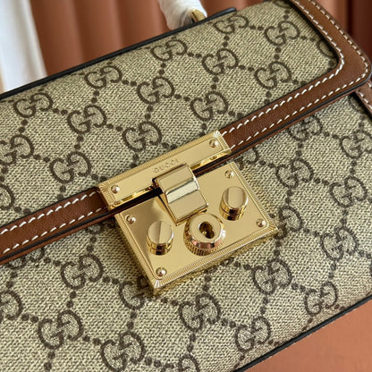 GG Padlock Small Top Handle Bag Brown Beige Calfskin Canvas