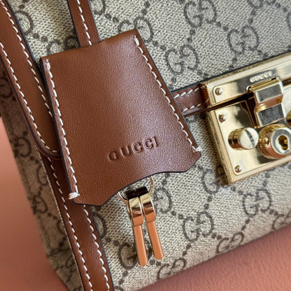 GG Padlock Small Top Handle Bag Brown Beige Calfskin Canvas