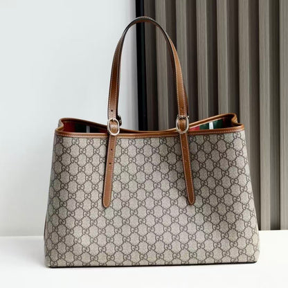 GG Emblem Maxi Tote Bag Beige Brown Monogram Coated Fabric