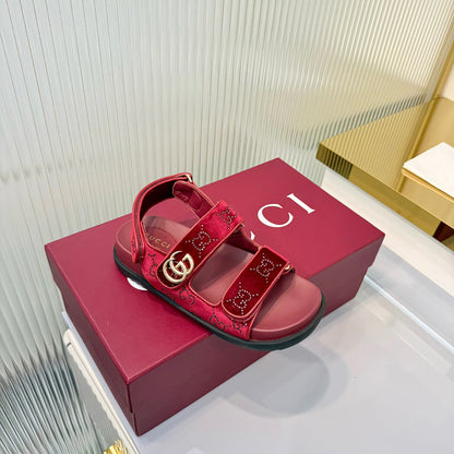 GG 26s Dad Sandals Red Leather Velvet 714863