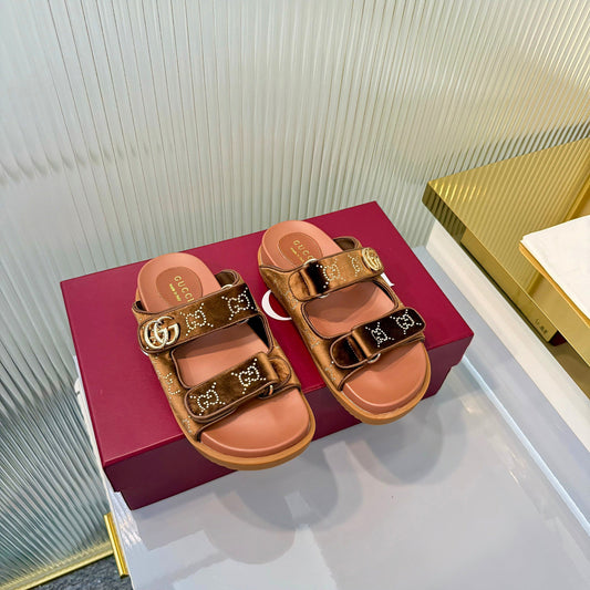 GG 26s Dad Mule Sandals Brown Leather Velvet 714870